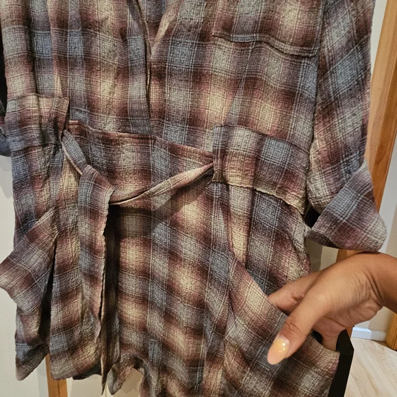 Plaid Button-Up Shirt Short Romper with Belt - Picture 4 of 4